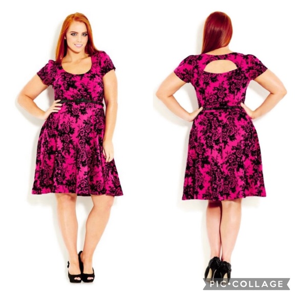 City Chic Dresses & Skirts - City Chic Dress Pink Velvet Floral Fit and Flare Dress Plus Size